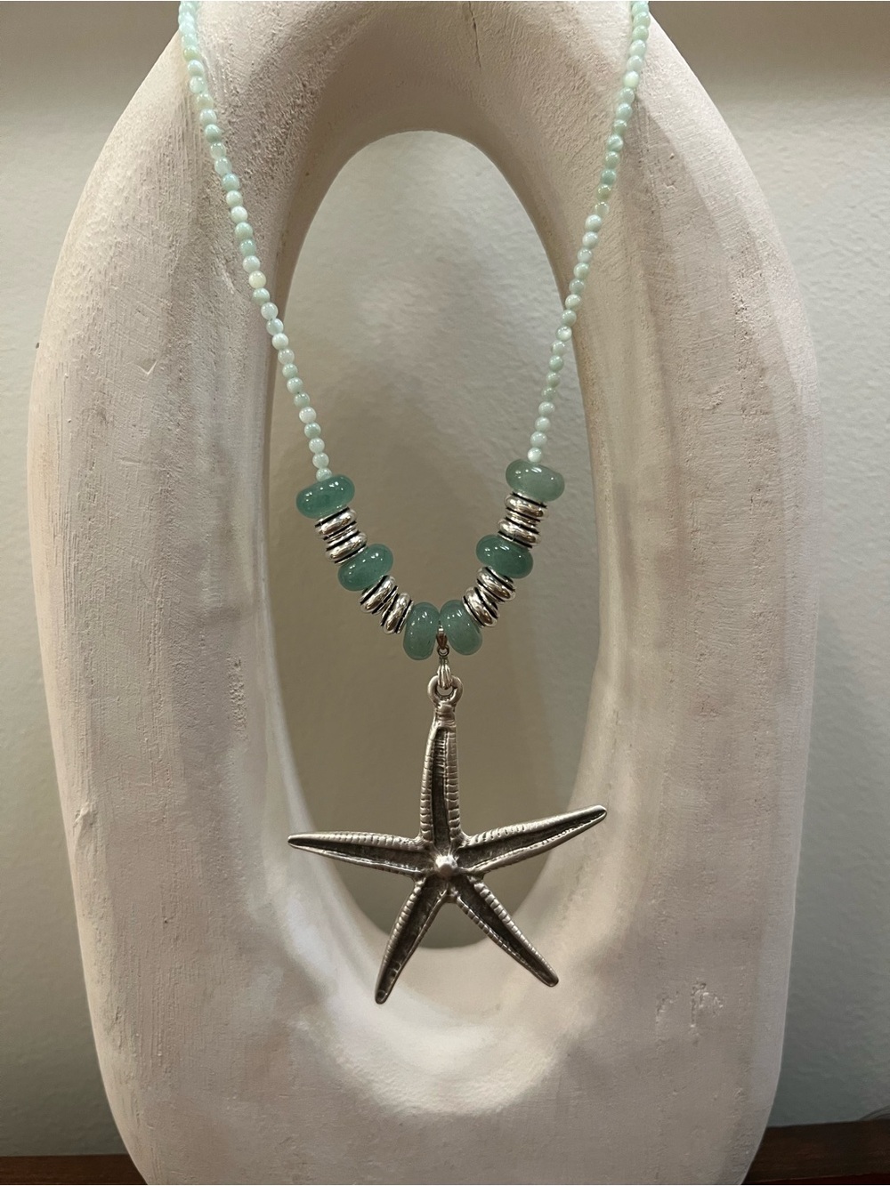 Silver Starfish Necklace with Seafoam Beads